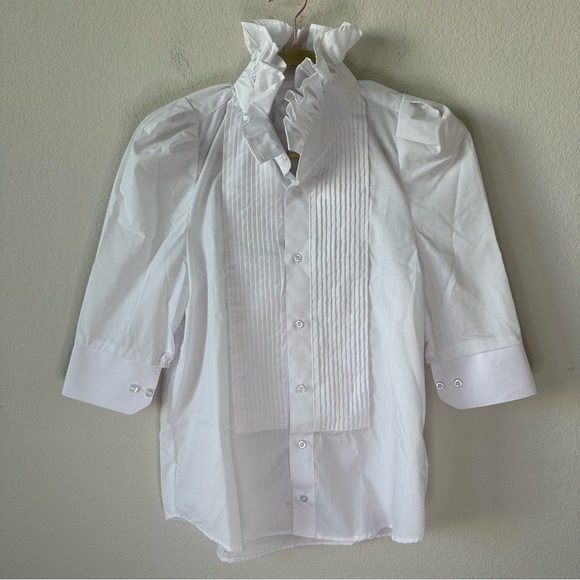 KMJ Bontina Tux White Ruffle Button Down Shirt SZ S - Picture 2 of 5